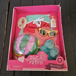 Our Generation Retro NWT Beach Belle Outfit Set 18" Doll Clothes Swim Sunglasses